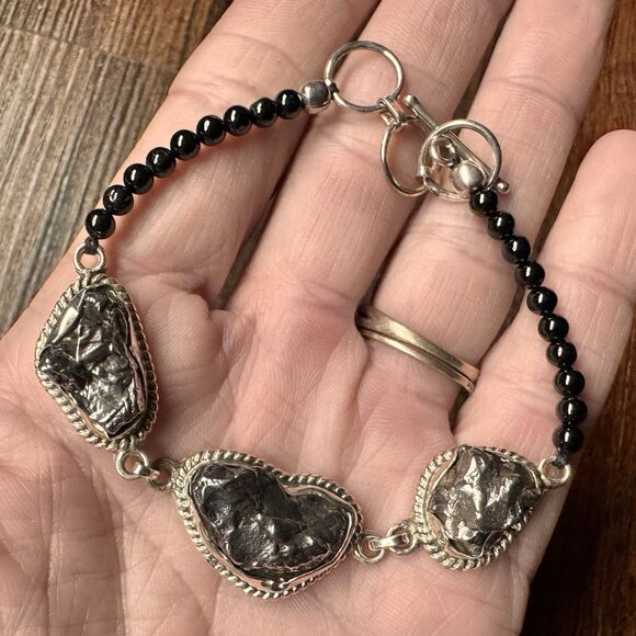 Vintage Meteorite & Black Spinel Bracelet 7" - 8" in Sterling Silver D’Joy NIB - Picture 4 of 14